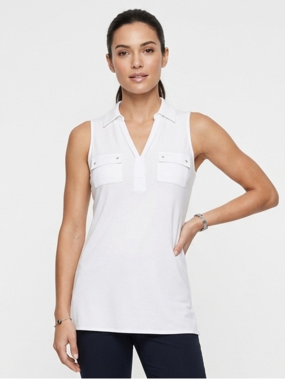 WHBM Black White Collared V Neck S/L Tunic Top XXS EUC $78
